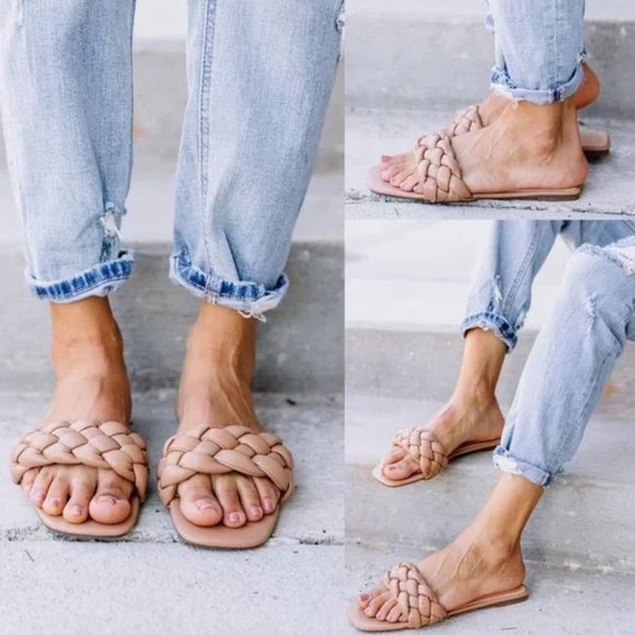 NEW Camel Tan Puffy Braided Faux Leather Square Toe Slip Slide On Flat Sandals - Picture 6 of 11